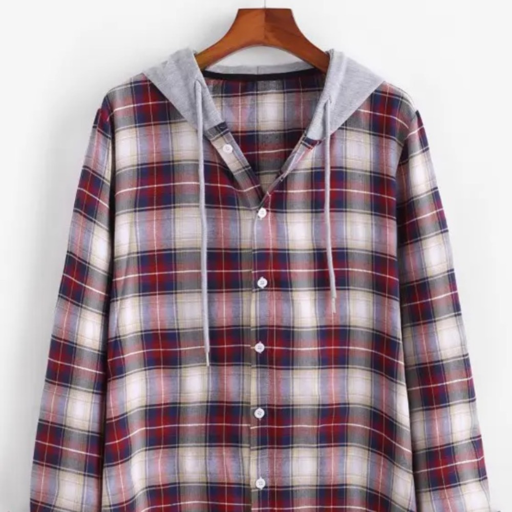 Mens plaid colourblock panel hooded shirt
